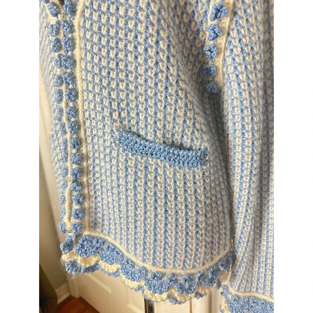 One Girl Who blue tweed cardigan mohair blend scallop metallic knit grandmacore